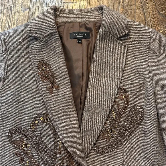 Talbots Wool Blend Paisley Embroidered Beaded Blazer Jacket Brown 14 EUC - Picture 3 of 9